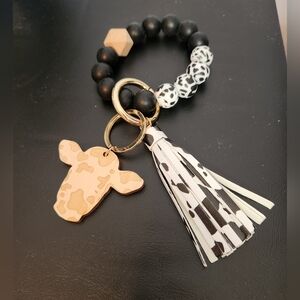 Cow Keychain With Leather Tassels, Silicone Beads, 1 Wooden Bead, Wooden Cow